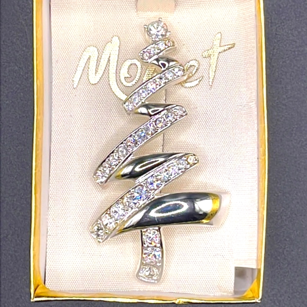 Monet Silver Tone Zig Zag Christmas Tree Brooch Pin